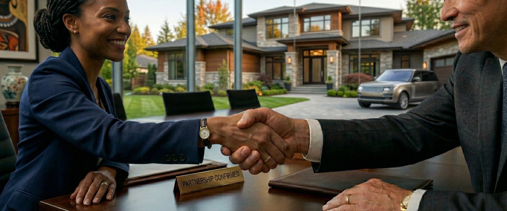 A diverse business couple shakes hands over a conference table to confirm a real estate partnership, evidenced by the large, modern home visible through the window behind them.