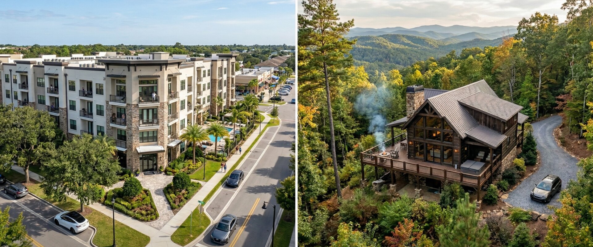 A split-screen view contrasting a modern, urban apartment complex next to a rustic, isolated mountain cabin, emphasizing diverse residential styles.