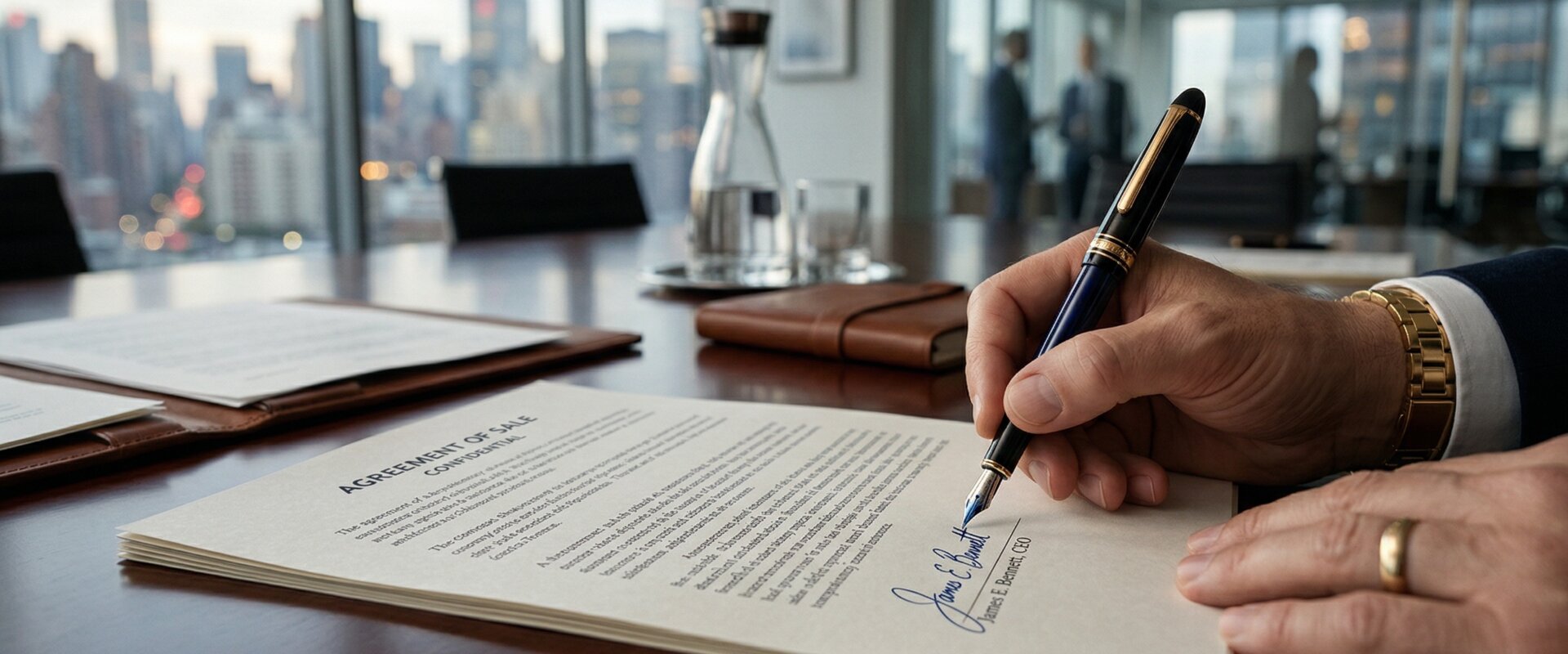 Gemini said A close-up photograph of a person signing an agreement in a high-rise office building during daytime.