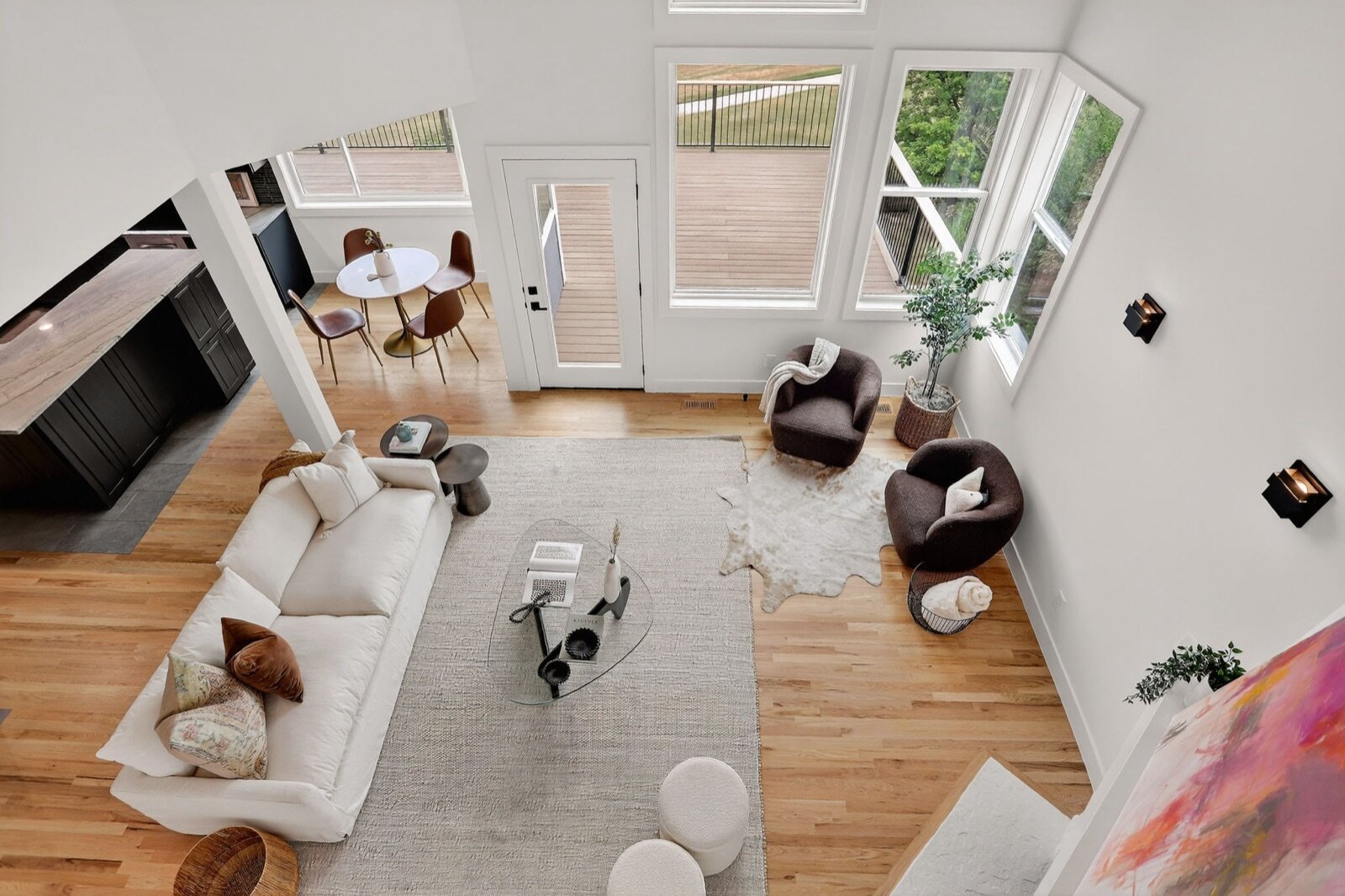 Restored and staged great room at 816 Trail Ridge in Louisville after renovation
