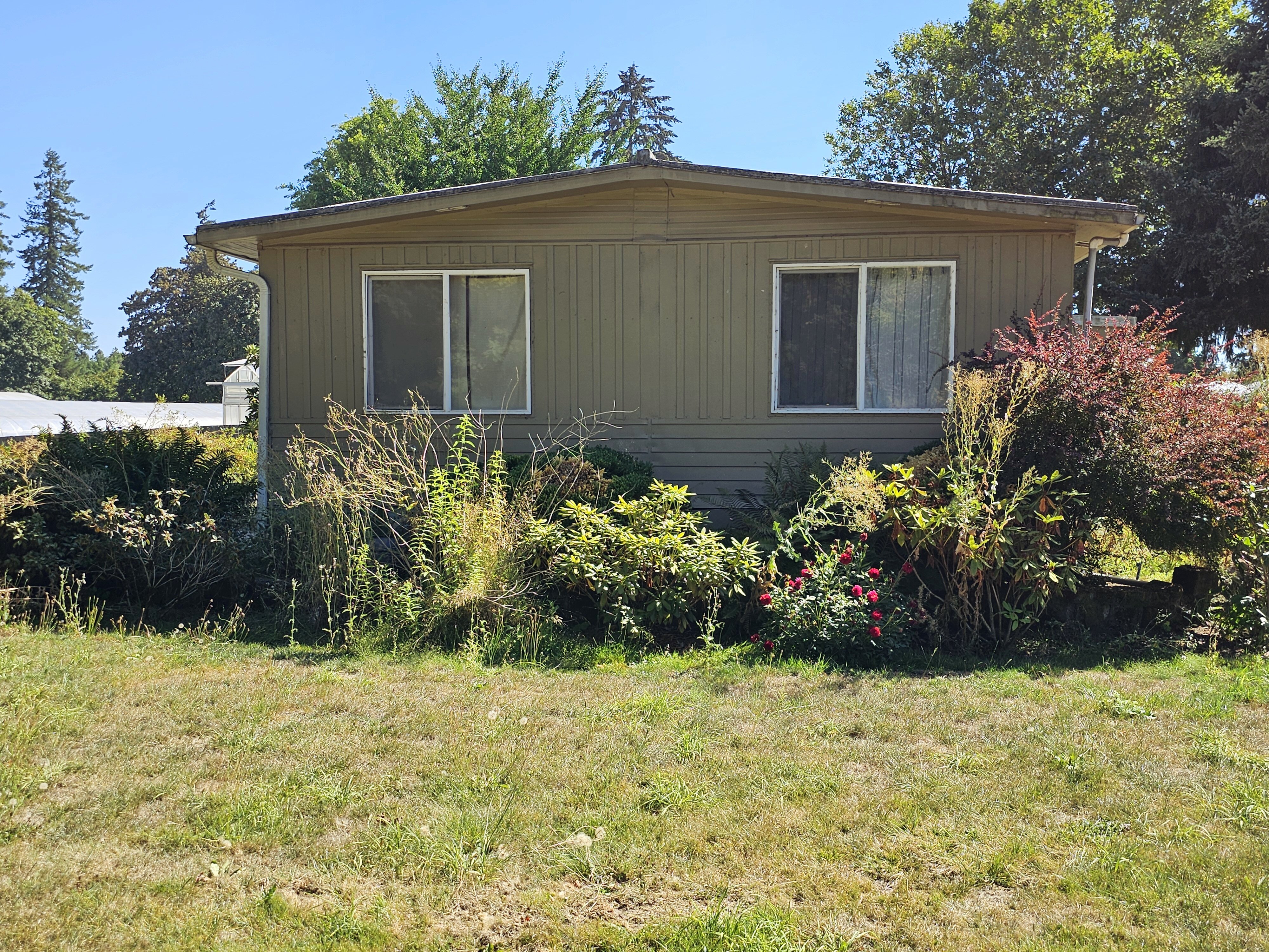 double wide mover manufactured home for sale set back behind bushes needing to be moved to a new buyers property.