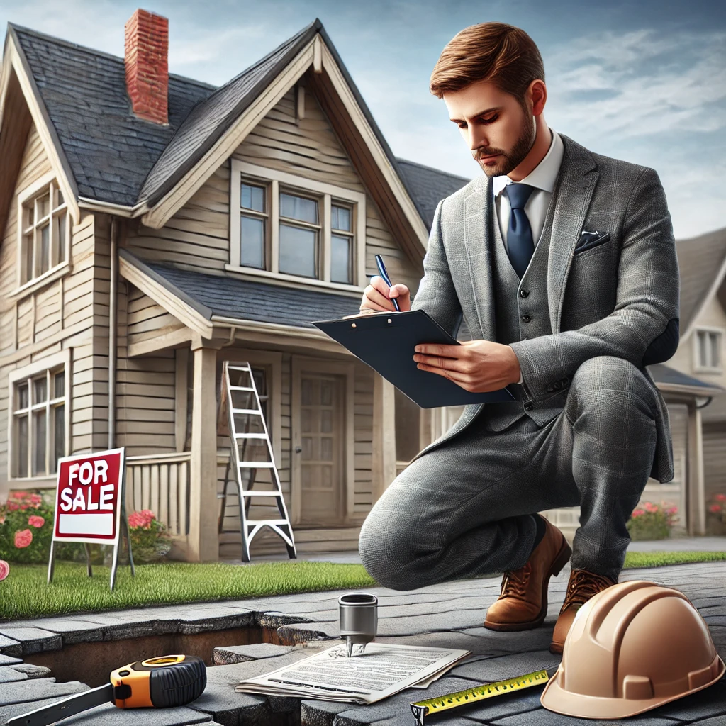 A professional contractor inspecting a house, carefully examining the structure and noting necessary repairs during a property evaluation for investment purposes.