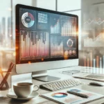 A professional workspace showing a computer screen with graphs and charts related to the housing market, indicating market trends and data analysis.