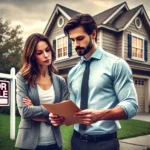 A couple standing in front of a house, looking serious and engaged in a conversation, reflecting the emotional stress and complexity of selling a home during a divorce.