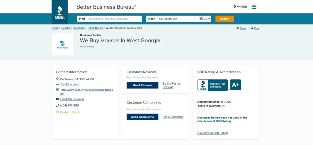 The We Buy Houses in West Georgia business profile with an A+ rating on Better Business Bureau
