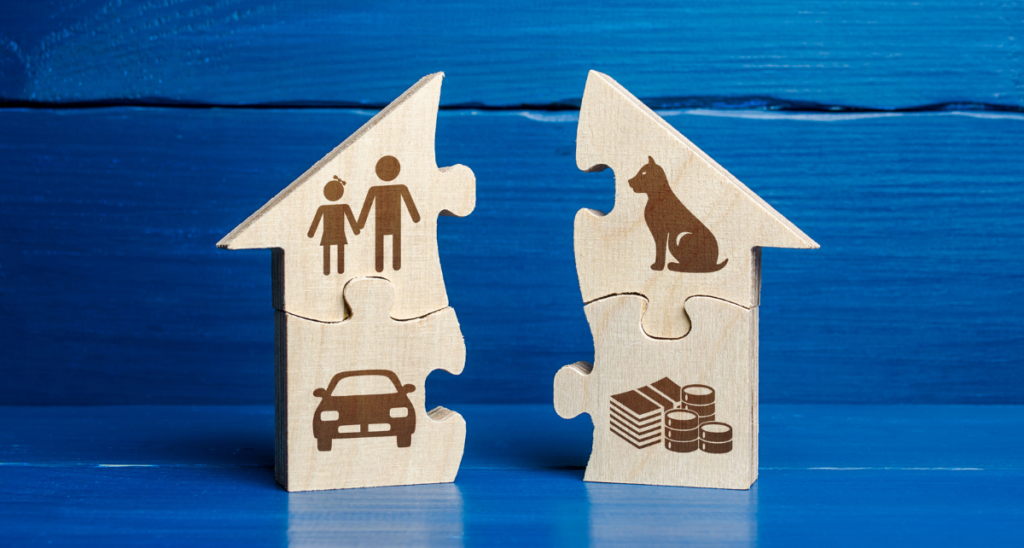 Wooden puzzle pieces in the shape of a house in front a blue background. The four pieces are split up, each with a different image on them: people, a car, a dog, and money.