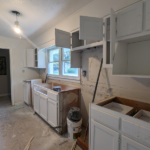 A before, during, and after renovation photo of a flipped kitchen.