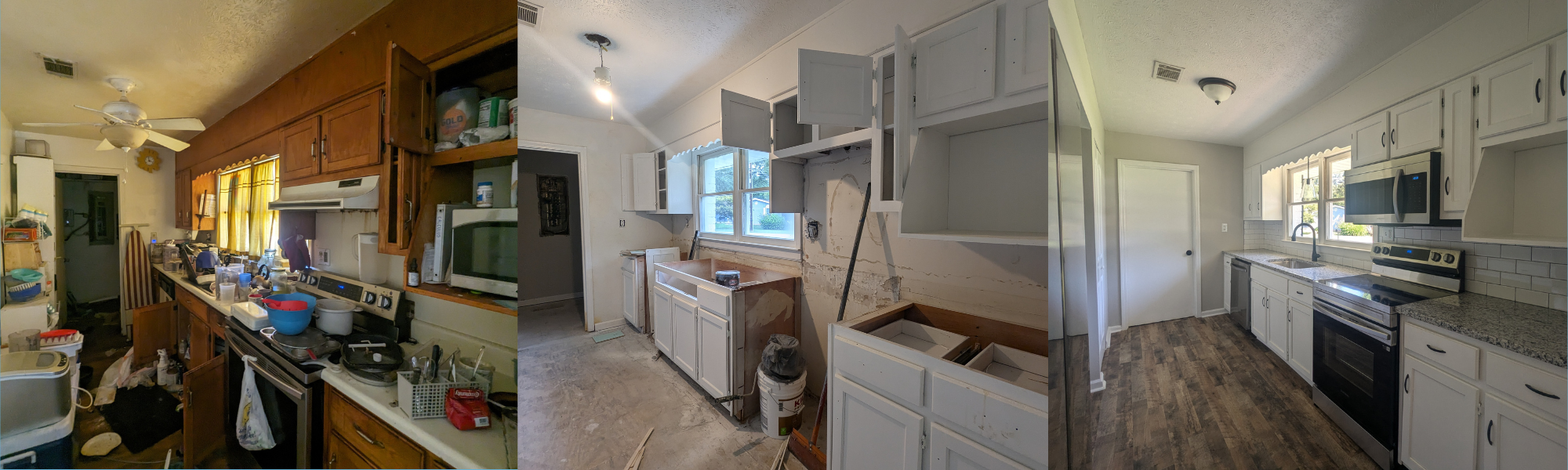 A before, during, and after renovation photo of a flipped kitchen.