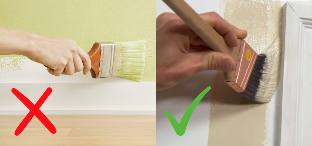 On the left side is a hand cutting in the wrong way: using the flat side against the wall. On the right side is a hand cutting in the right way: using the edges of the bristles turned at an angle.
