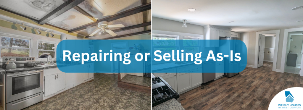 Before and after photos of a kitchen in a house bought and flipped by We Buy Houses in West Georgia.