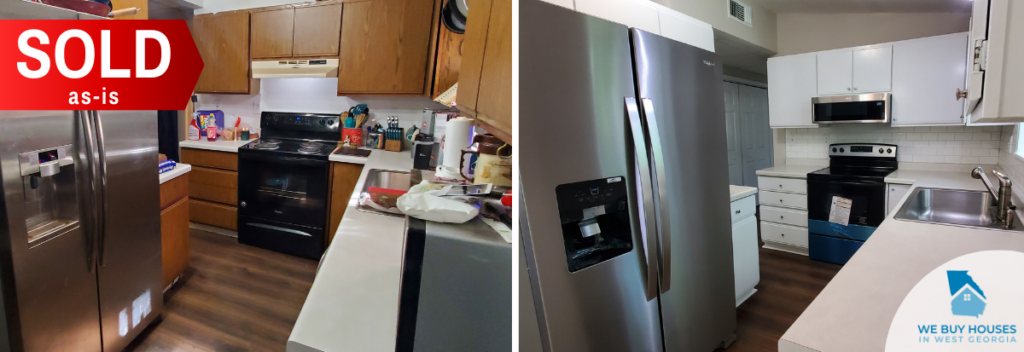 The small kitchen of a house bought as-is by We Buy Houses in West Georgia. On the right is a comparison shot of the fully renovated and market-ready kitchen.