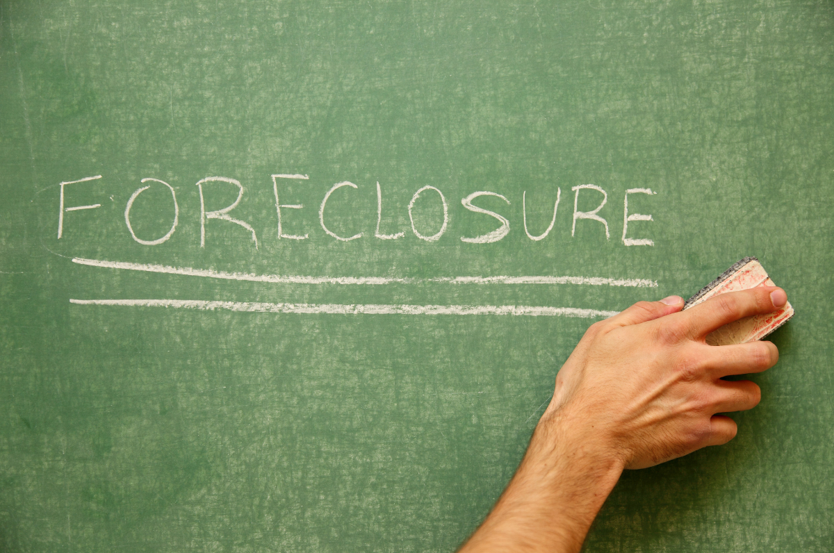 A green chalk board with "Foreclosure" written on it