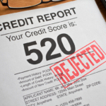 Image of a credit report with a low credit score that has been rejected for a loan request.