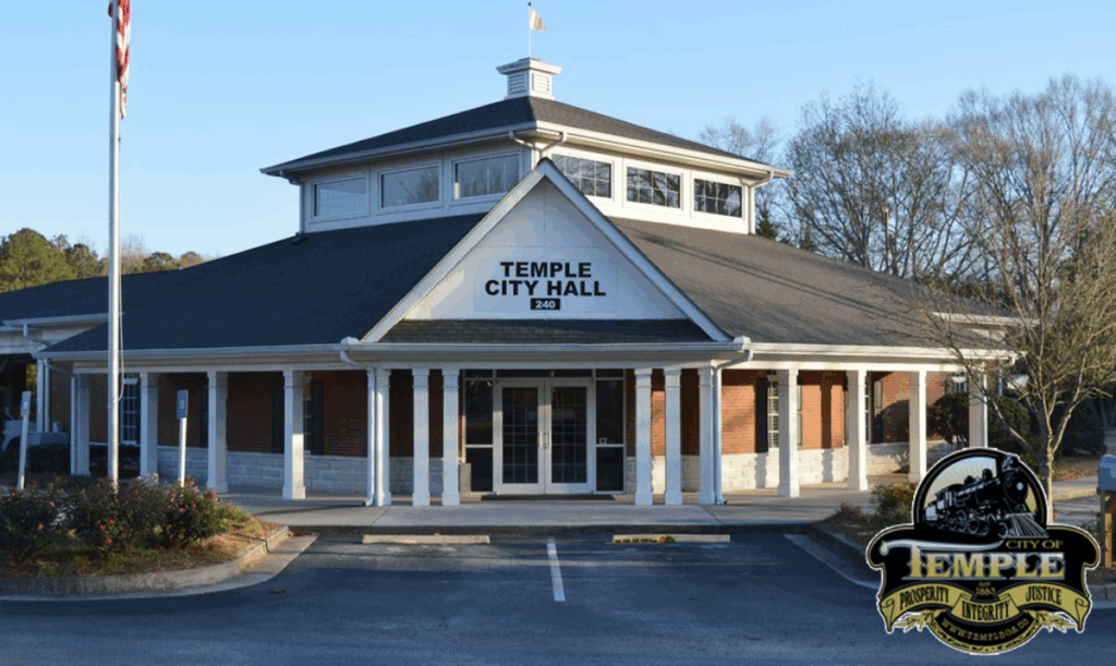 Temple City Hall with the Temple city seal in the bottom right corner