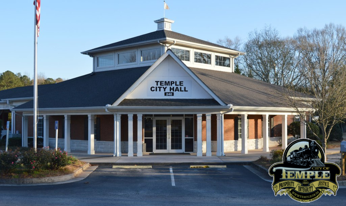 Temple City Hall with the Temple city seal in the bottom right corner
