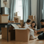 A mother, father, and daughter labeling boxes while moving.