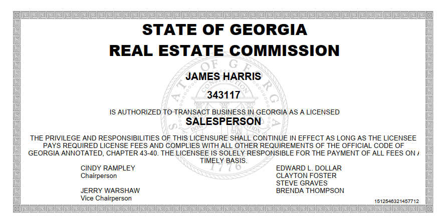 Georgia Real Estate Commission License