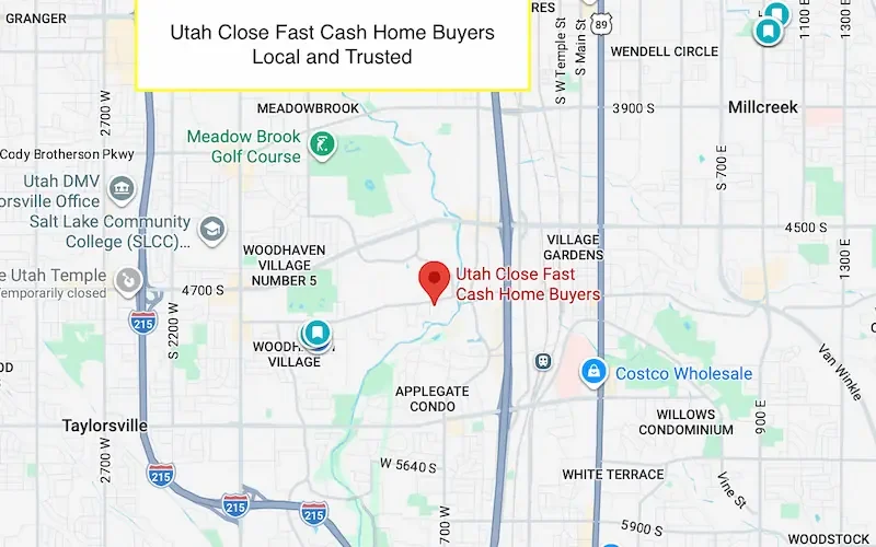 Utah Close Fast Cash Home Buyers location map in Taylorsville, UT. Salt Lake County cash home buyers office.