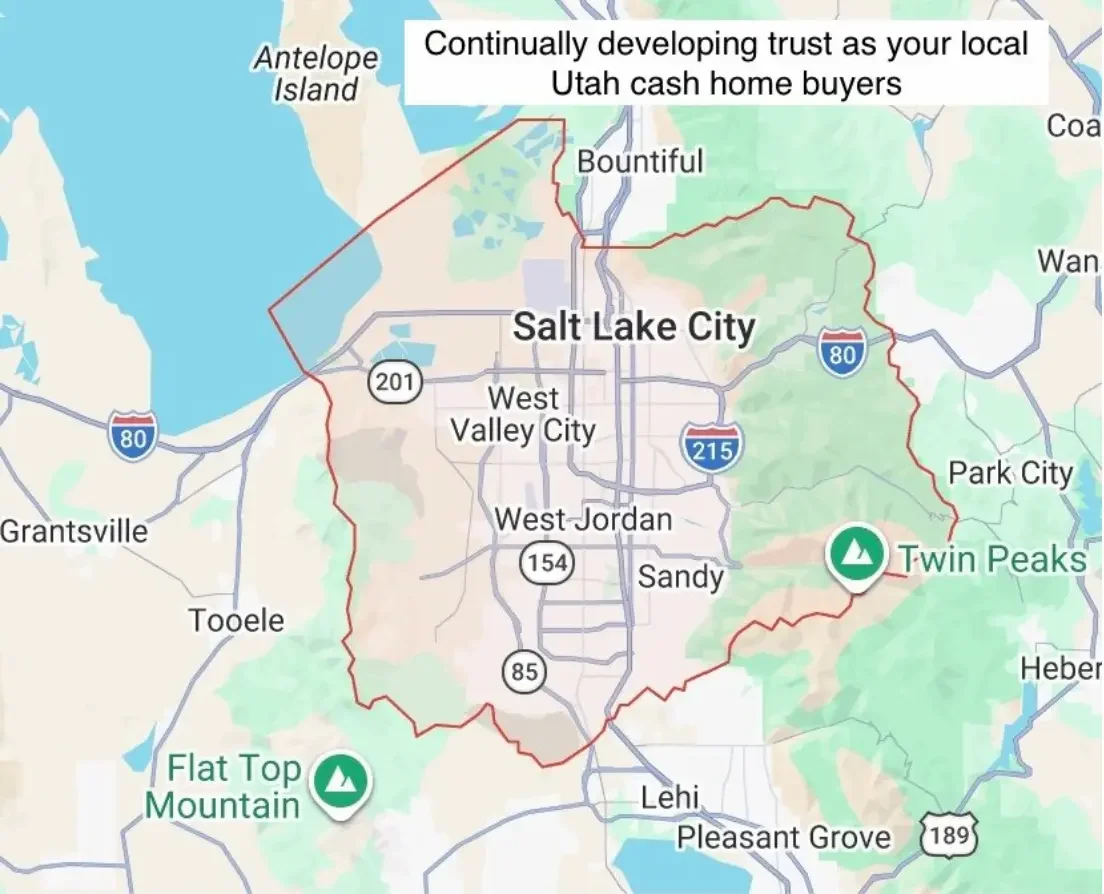 Map showing Salt Lake County service areas for Utah Close Fast cash home buyers.