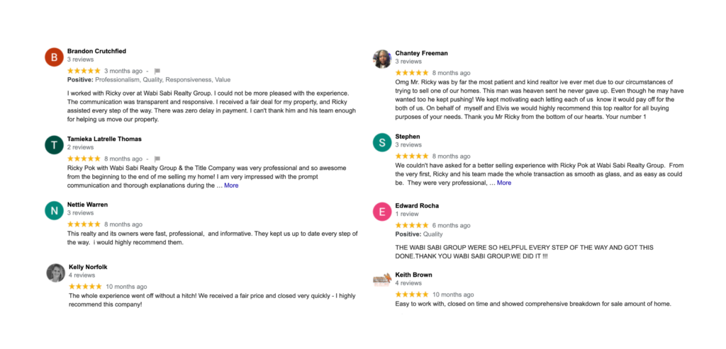 5 Star Wabi Sabi Realty Google Reviews