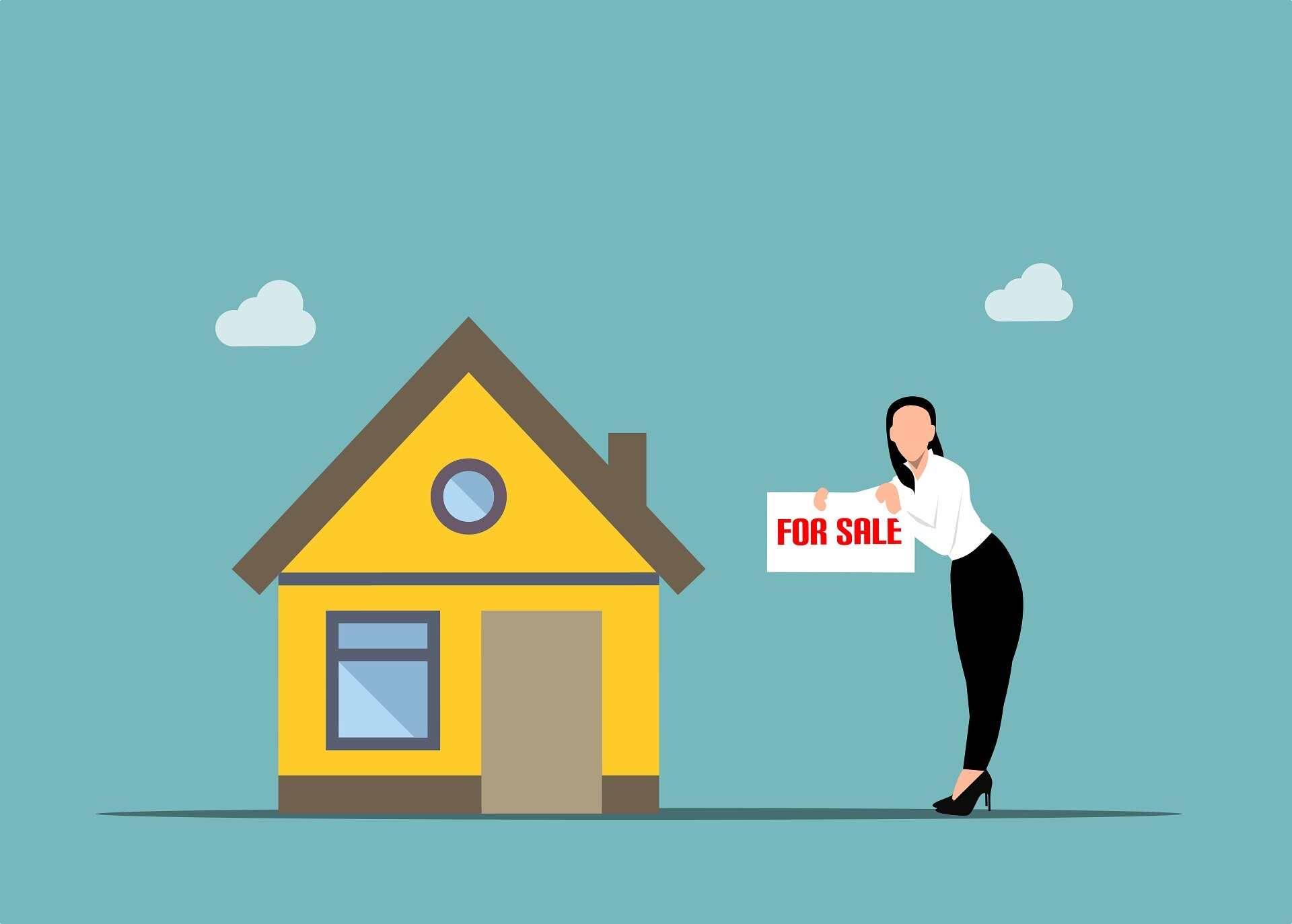 A woman holding a “for sale” sign by a yellow house illustrating timing your home sale