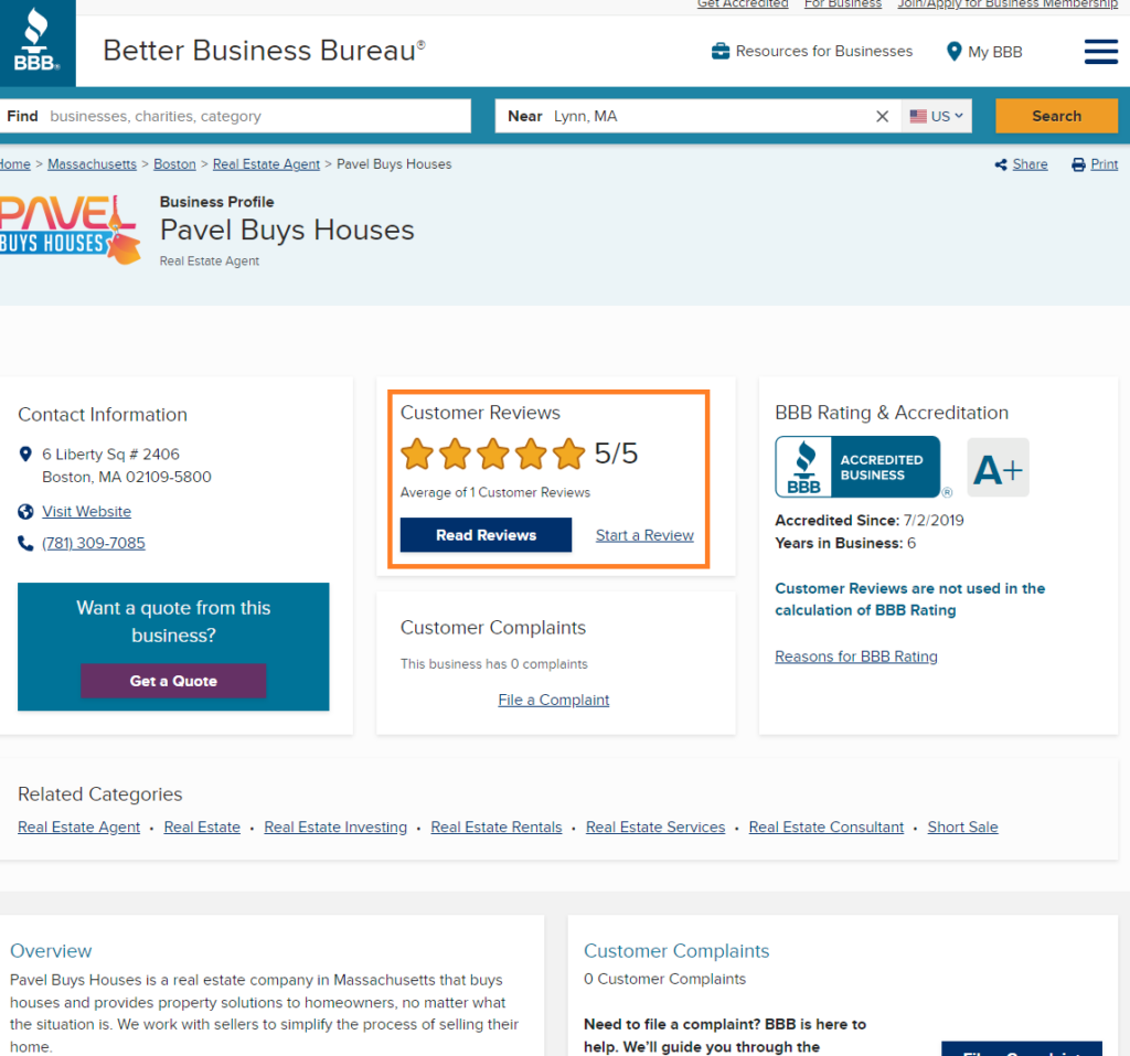 Pavel Buys Houses BBB Rating
