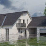 Close up of a two-story flooded house