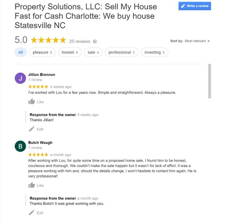 We buy houses reviews picture of reviews from clients.