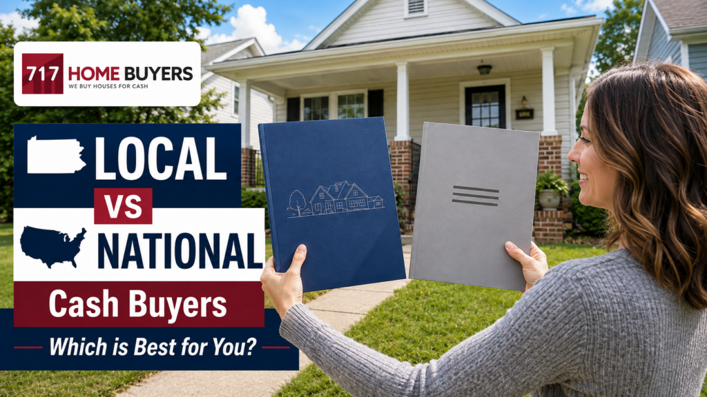 lady in front of a house holding two offers. one from a national cash buyer and one from a local cash buyer.