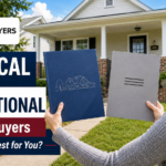 lady in front of a house holding two offers. one from a national cash buyer and one from a local cash buyer.