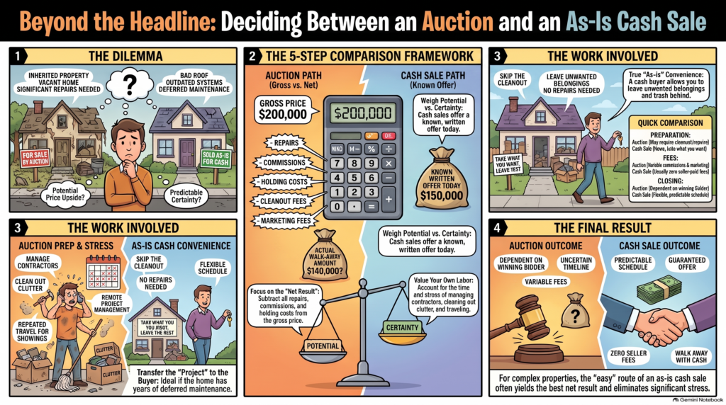 Infographic about as is cash sale vs auction sale.