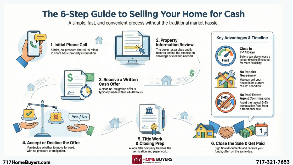 Infographic showing the 6-step cash home buying process in Pennsylvania, including the initial phone call, property review, written cash offer, decision period, title work, and closing.