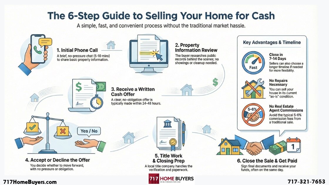 Infographic showing the 6-step cash home buying process in Pennsylvania, including the initial phone call, property review, written cash offer, decision period, title work, and closing.