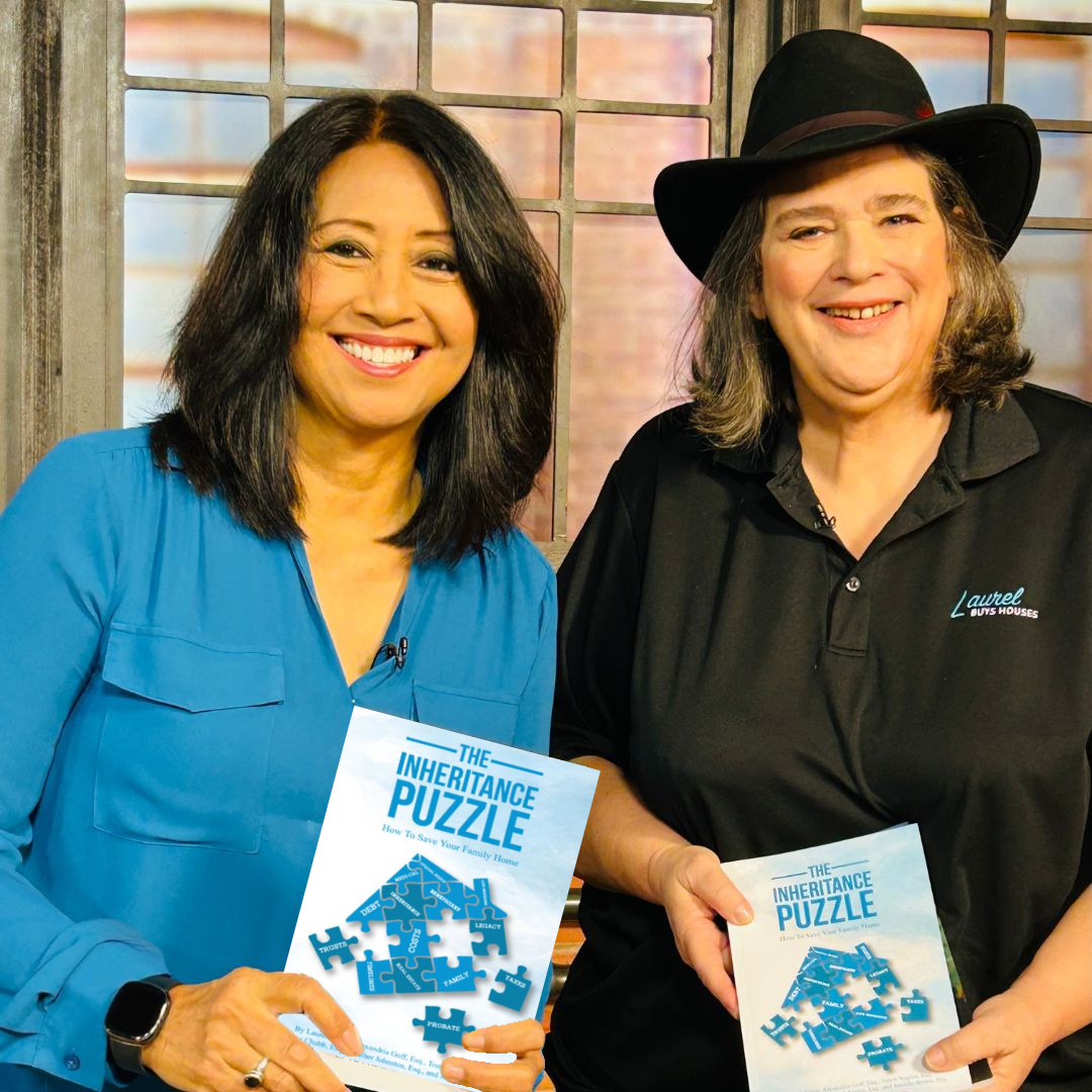 Two women, Tina Macuha and Laurel Sagen, on CBS pictured holding two books: The Inheritance Puzzle: How to Save Your Family Home.
