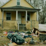 A distressed home with yellow siding. Trash and discarded furniture litter the front lawn.