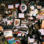 A room piled high in belongings, such as pets, photos, clothes, and tools.
