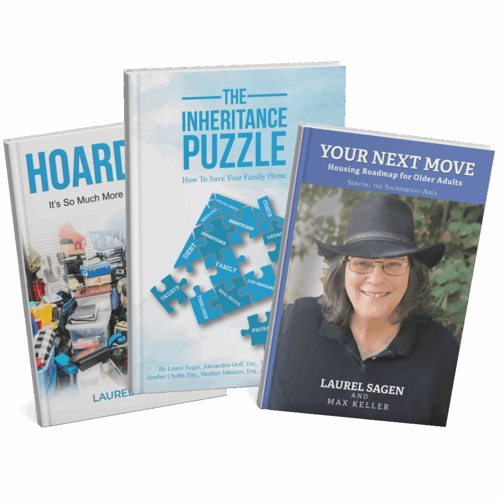 The covers of 3 books, authored by Laurel Sagen and others. From left to right, the cover of Hoarding, the cover of The Inheritance Puzzle, and the cover of Your Next Move.