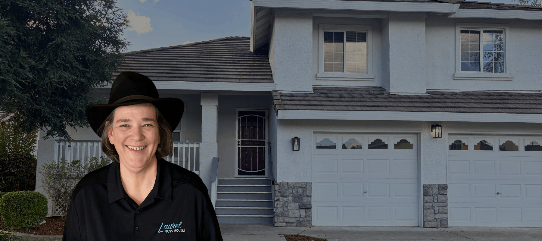 Laurel Buys Houses | Laurel Sagen pictured in front of a charming, two story home with a red door.