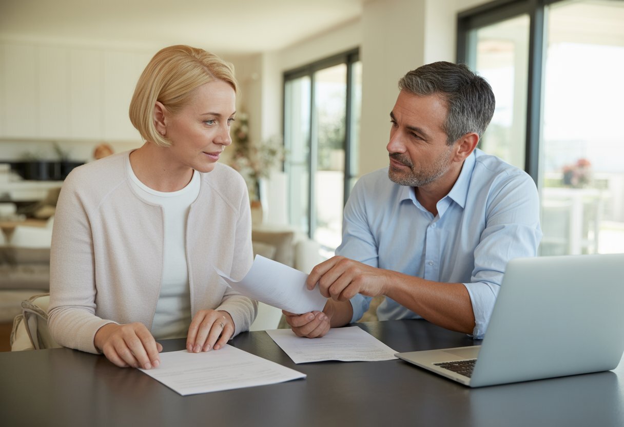 A middle-aged couple sitting at a table in a bright home, reviewing documents together with a laptop nearby.