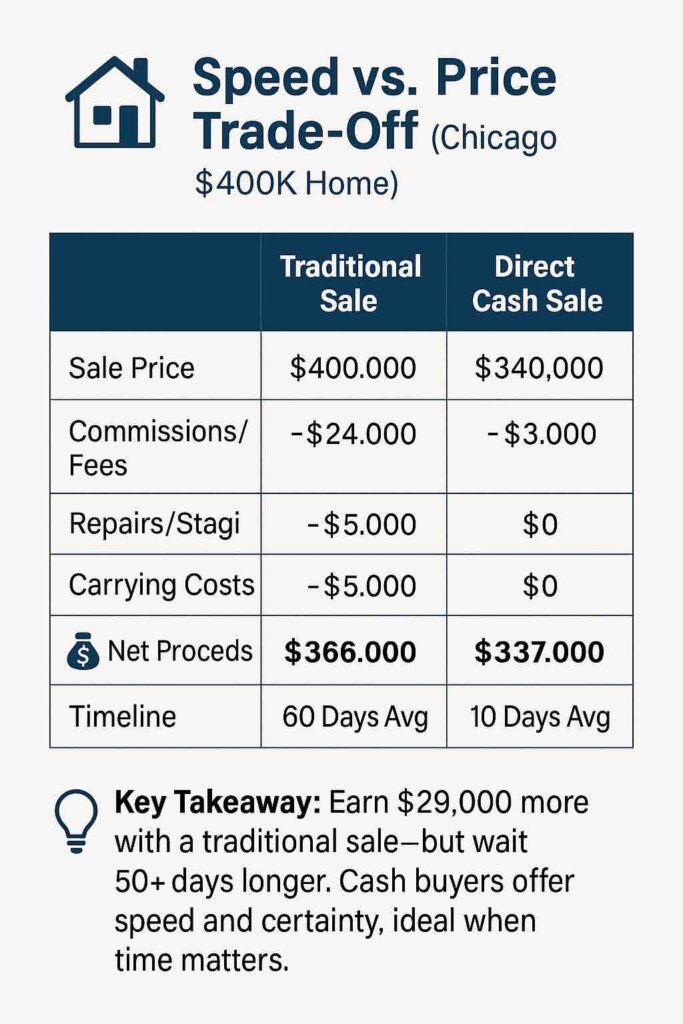 Timeline comparison showing virtual tours reduce Chicago divorce property sale time from 180 days to 120 days