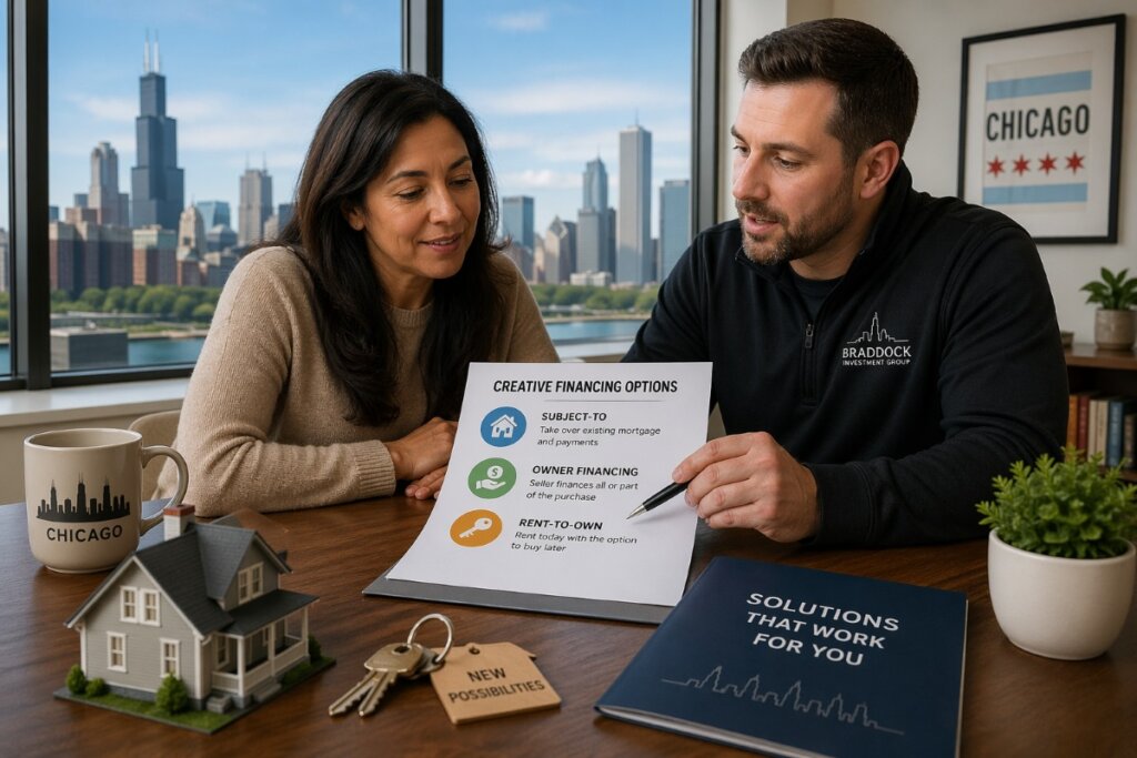 Chicago homeowner reviewing creative financing options including subject-to owner financing and rent-to-own