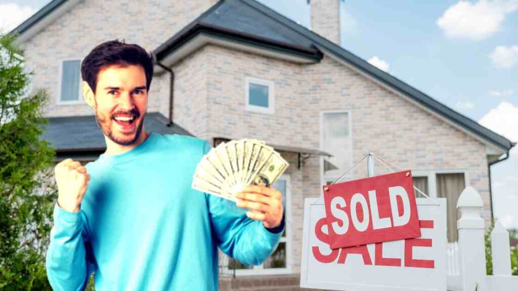 A seller happily accepting cash from a buyer