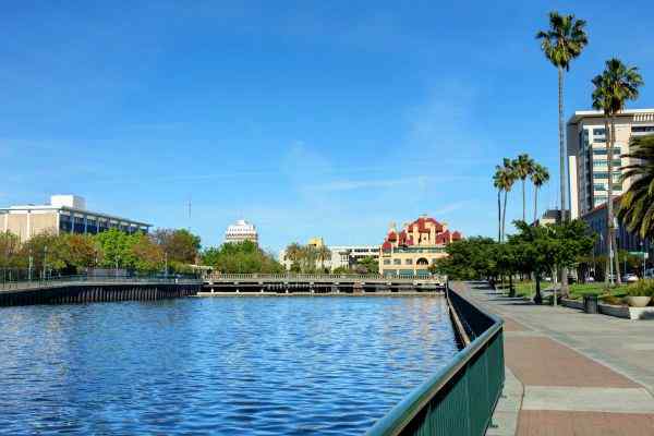 A scenic view of downtown Stockton, California, illustrating the local real estate market environment