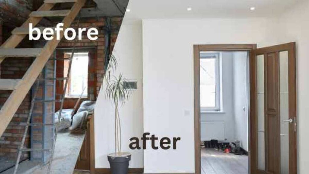 Collage showing the difference between a ill-repaired and renovated house