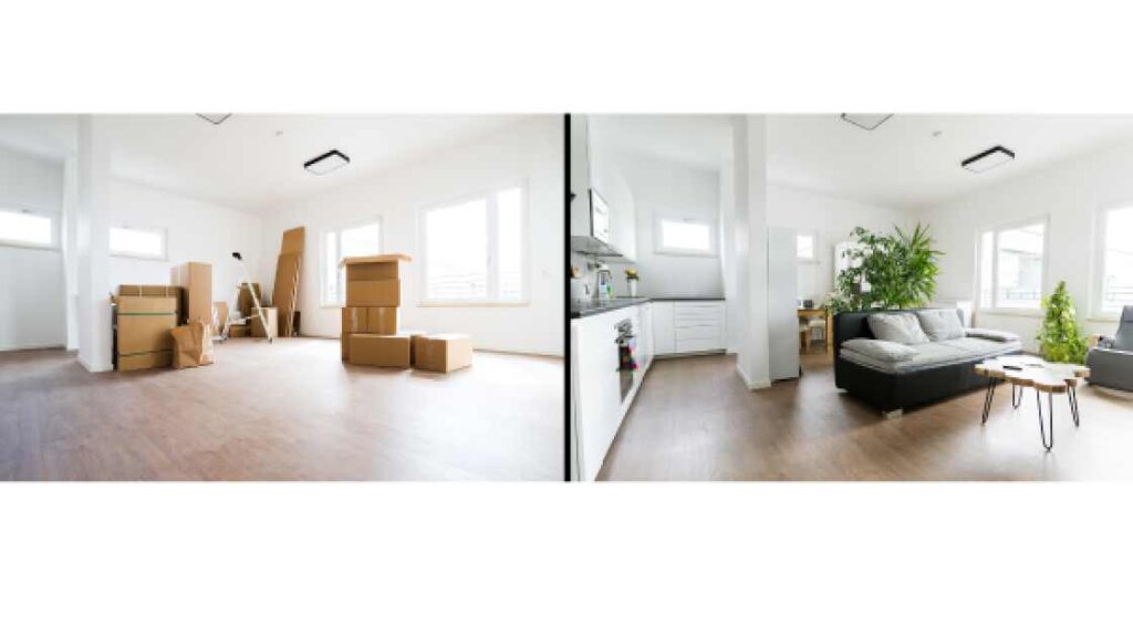 Comparison of a poorly staged and well-staged home showing