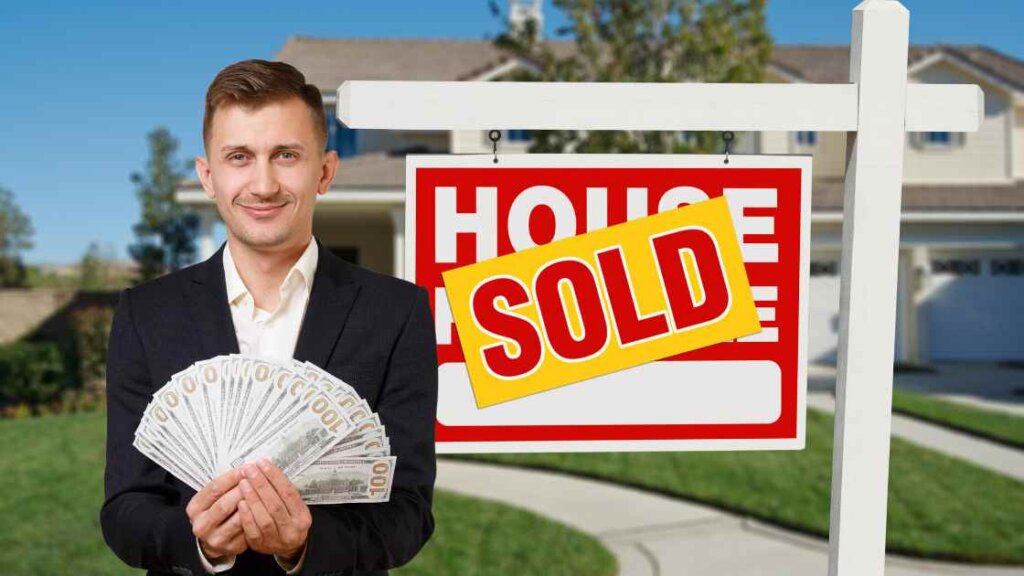 Fast cash home buyer holding cash in front of a sold house