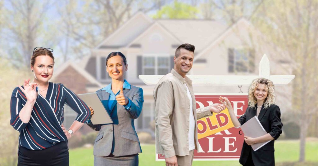 Group of diverse real estate investors and buyers considering property options.