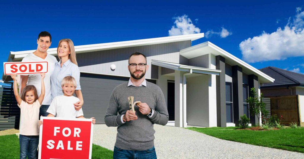 Happy homeowner with a 'sold' sign after dealing with a fast cash home buyer.