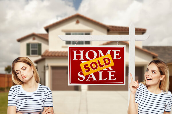 Image collage showing the transformation of stressed to happy homeowners after selling a home for quick cash.
