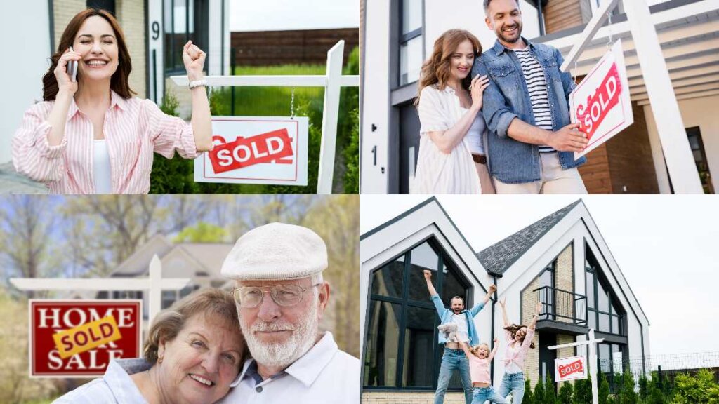A collage of happy homeowners with sold signs, portraying the appeal and advantages of quick house sale companies.